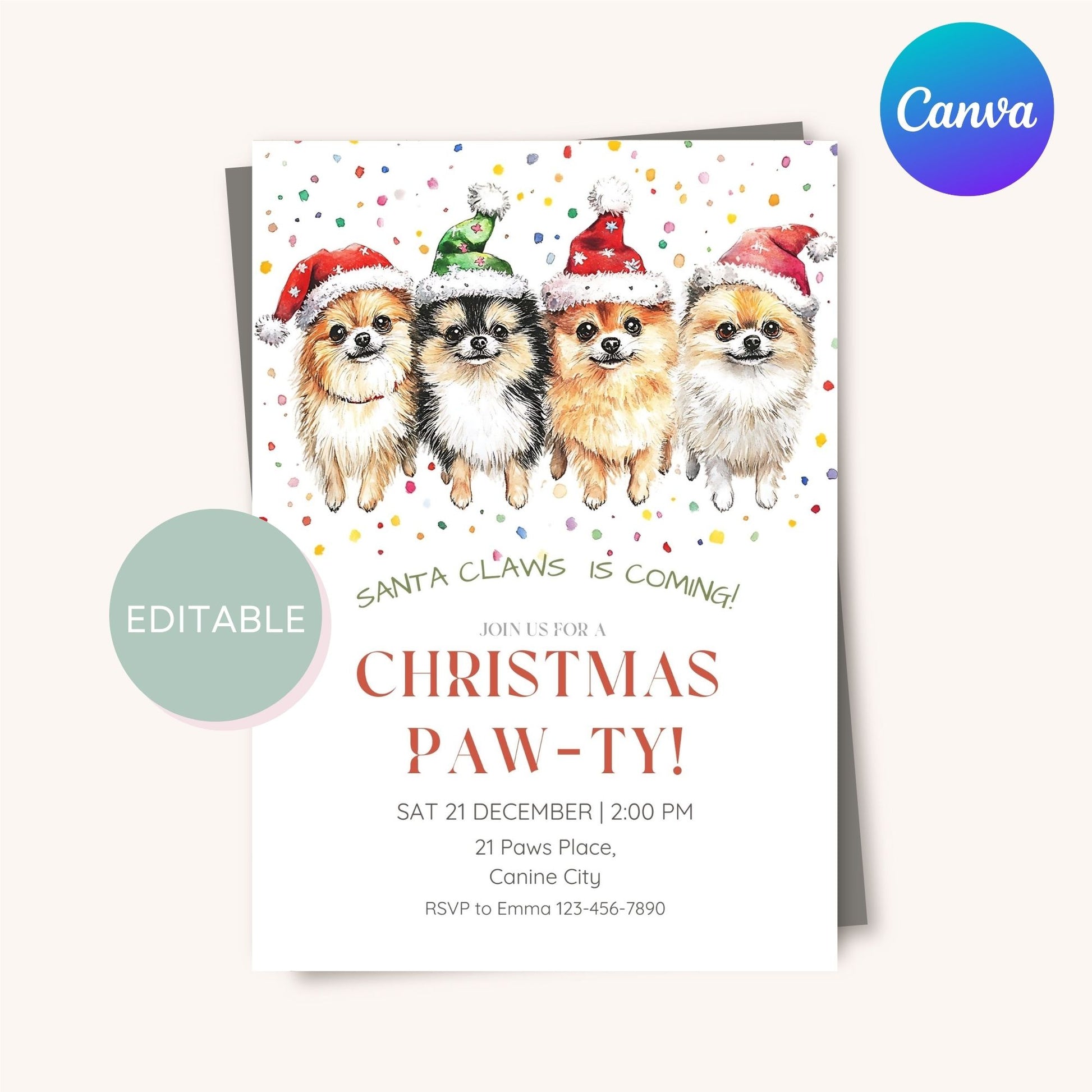 Adorable Pomeranian holiday invitation, perfect for dog lovers celebrations