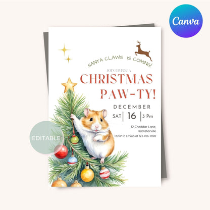 Digital Hamster Holiday Invitation - Editable Christmas party invite, perfect for animal lovers, available for download and print.