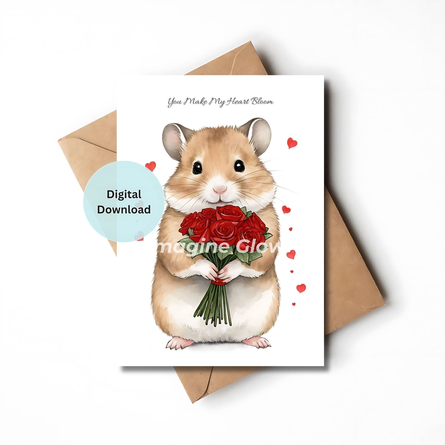 Sweet Valentine’s Day card with animal holding red roses with the message; You make my heart bloom.