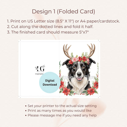 Cute Border Collie dog Christmas card, available as a printable.