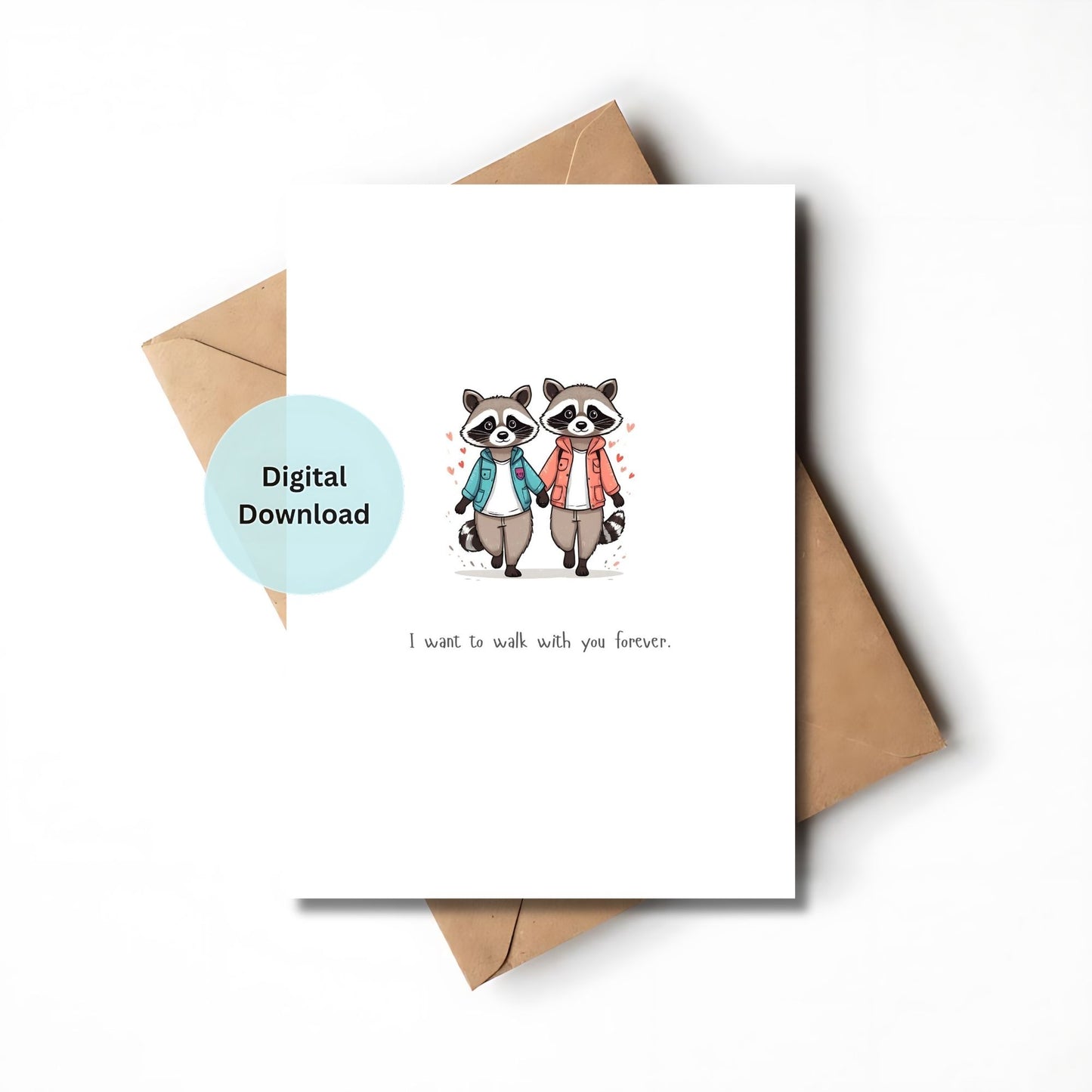 Printable Valentine Day Card with raccoon illustration.