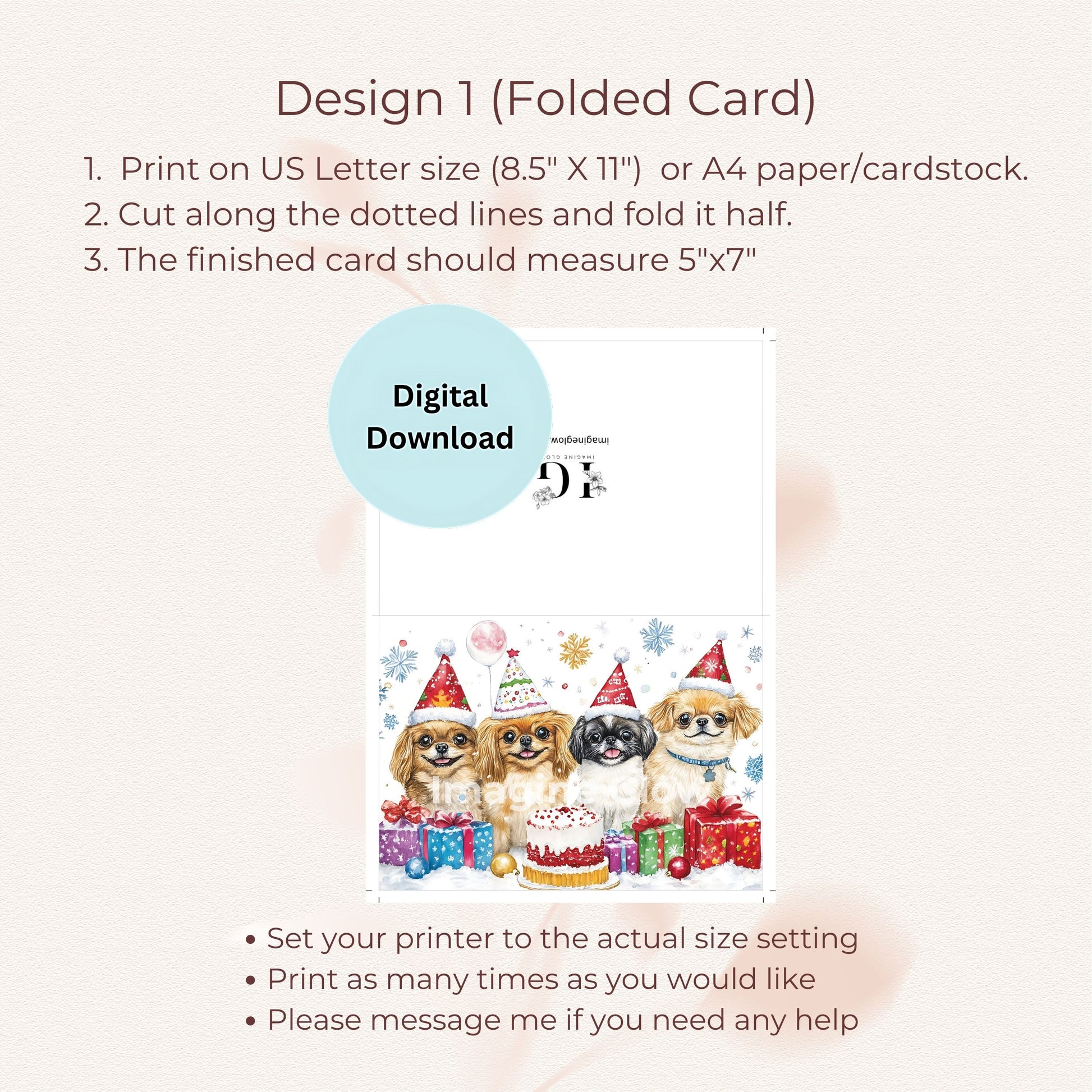 Cute dog-themed greeting card featuring playful Pekingese for the holidays