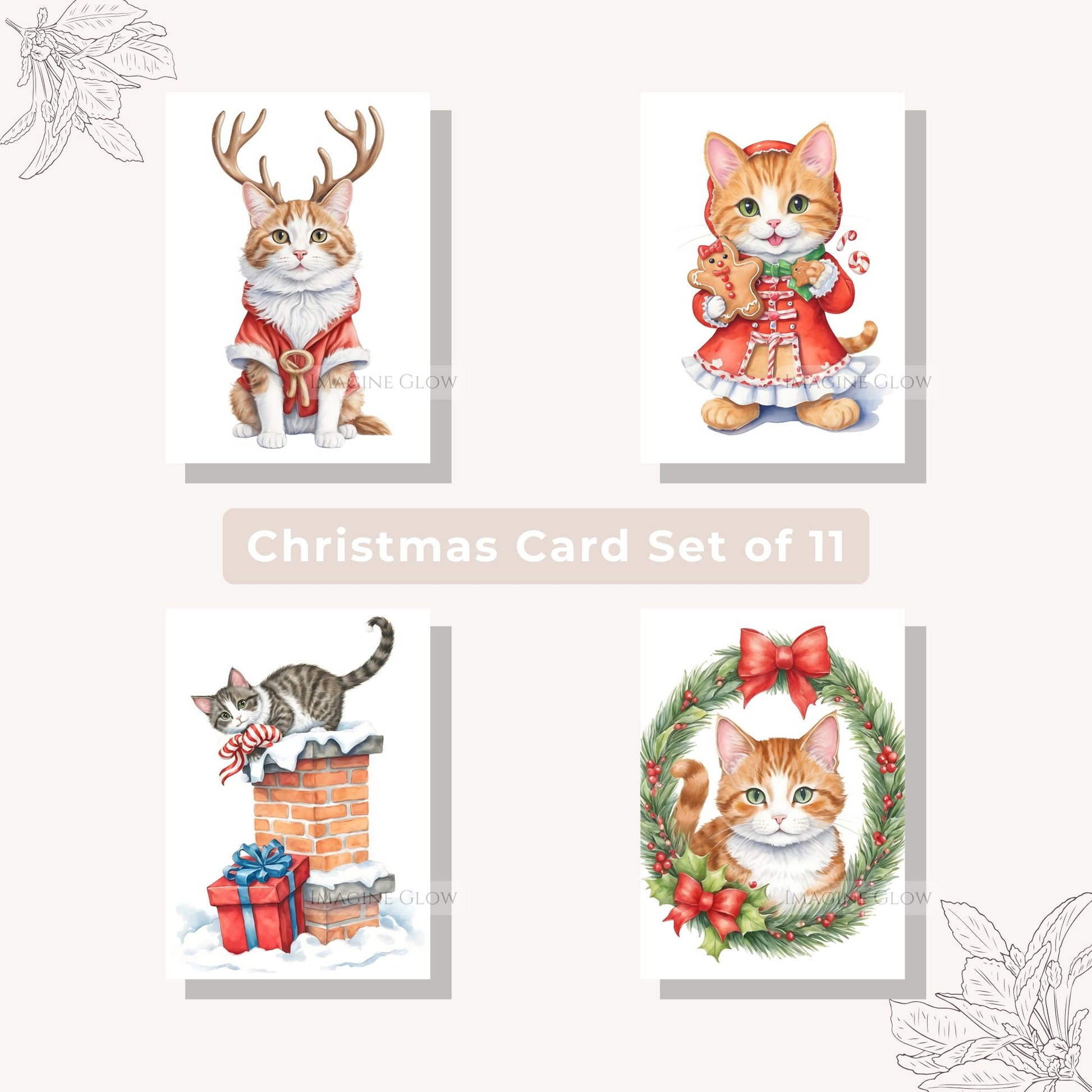 Printable holiday card set featuring cute cats in Christmas designs.