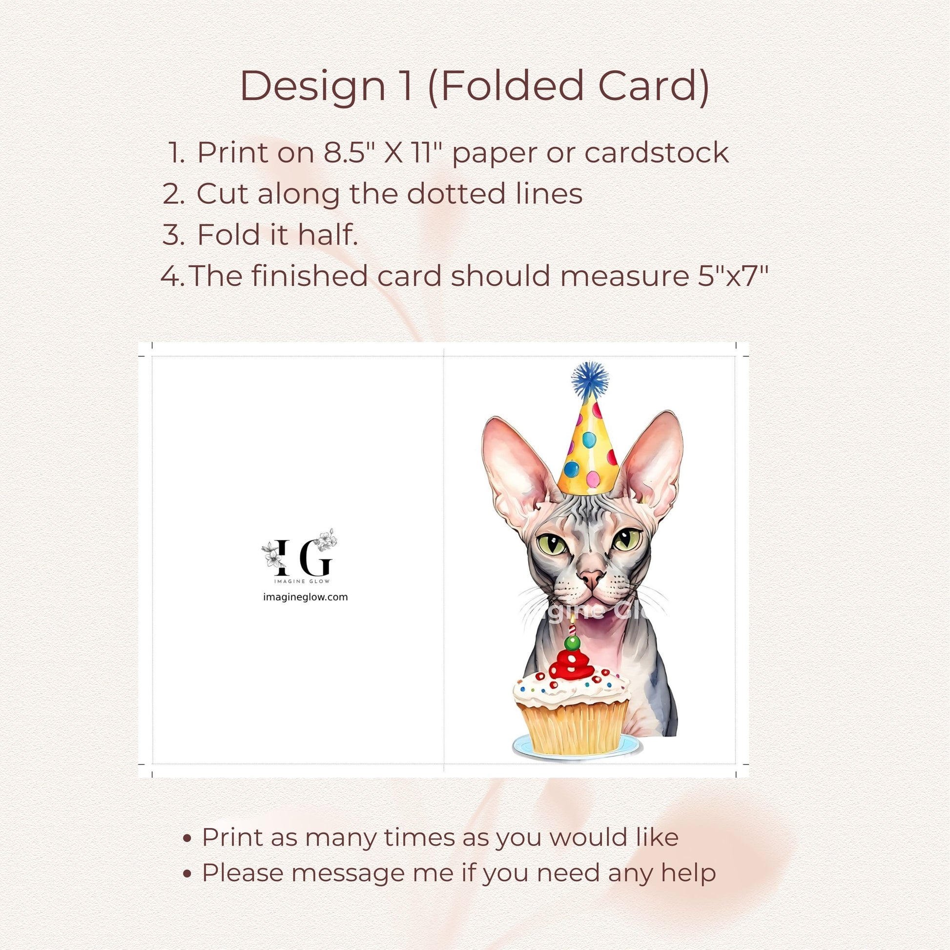 Adorable cat-themed birthday card featuring a Sphynx cat