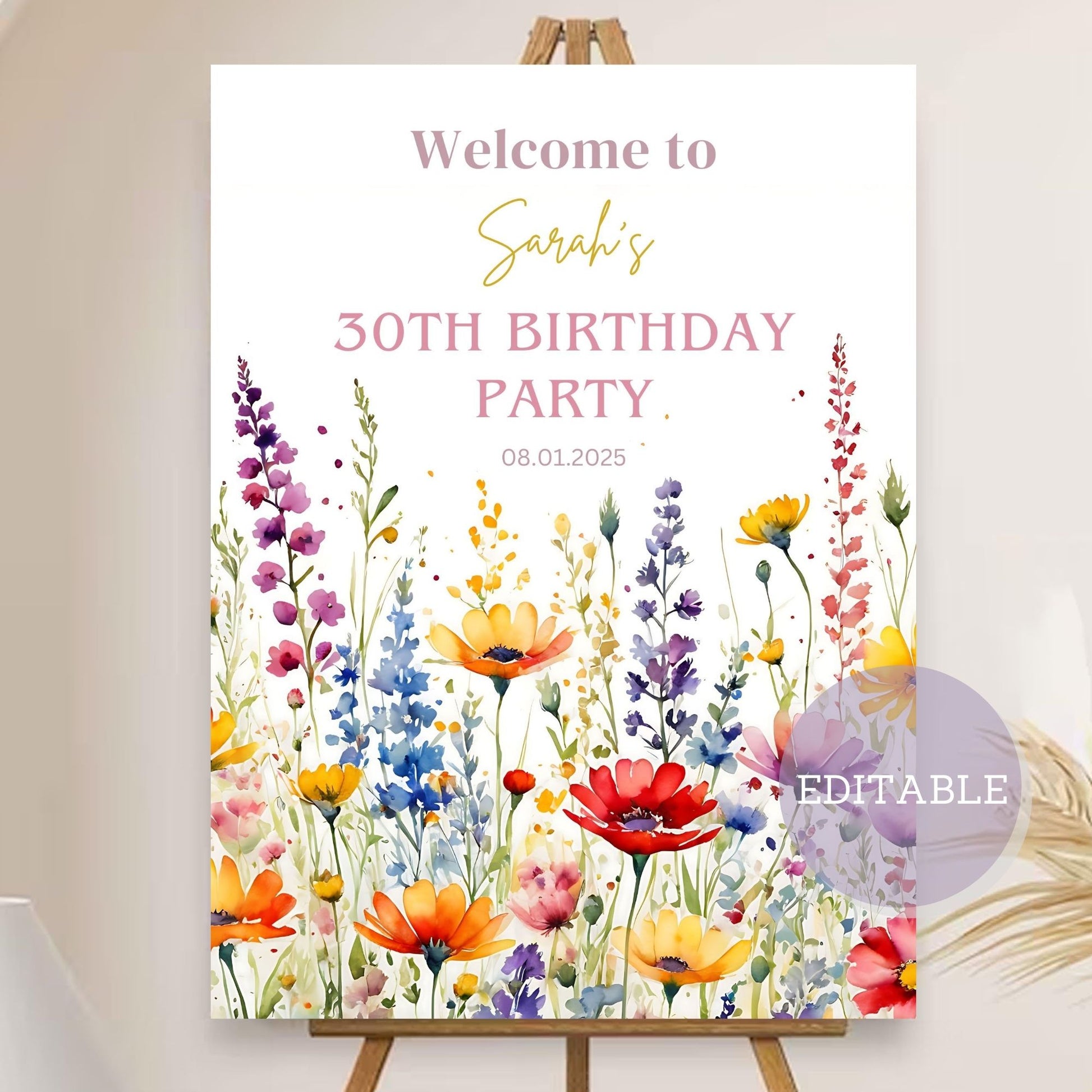 Editable 30th birthday welcome sign bright wildflowers customizable party poster
Floral 40th birthday sign with bright wildflowers editable age milestone decor
