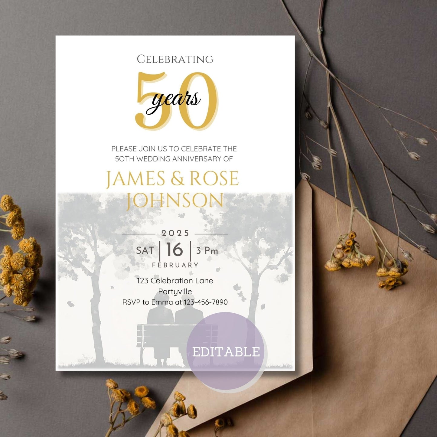 Editable Anniversary Party Invitation Template for 10th 20th 30th 40th 50th celebrations
