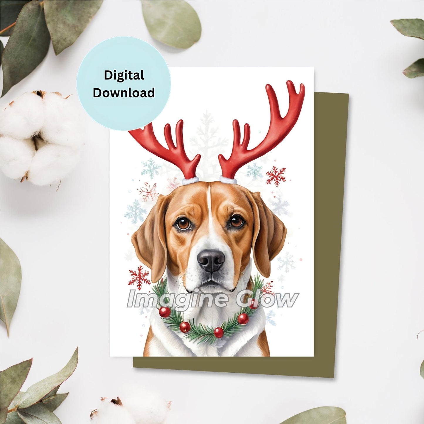 Printable Beagle Christmas card for festive greetings.