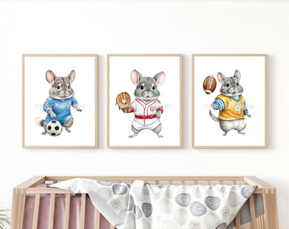 Chinchilla-themed printable wall art set for children's bedroom decor.