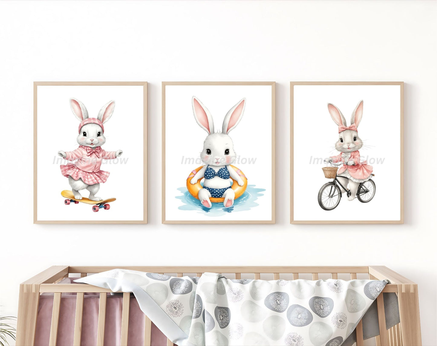 Charming set of 6 Bunny prints designed for decorating a girl's nursery.