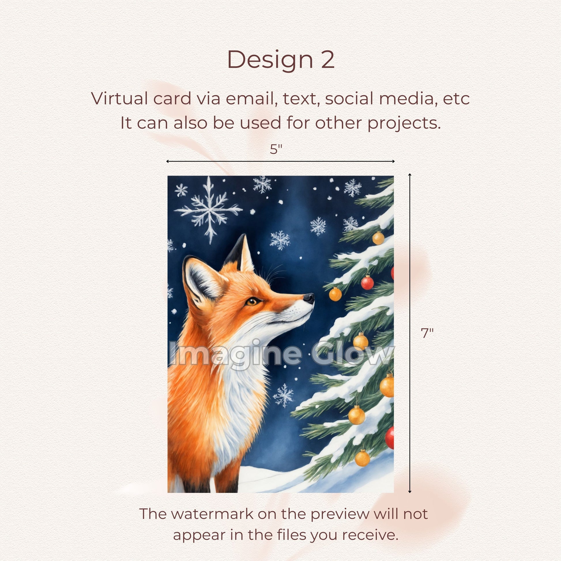 Holiday greeting card featuring a playful fox in a snowy winter setting.