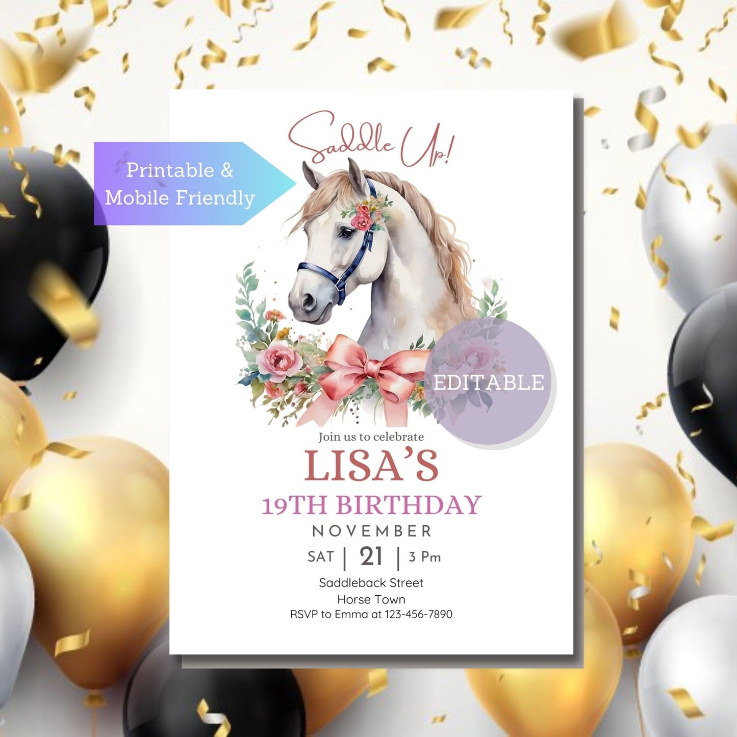 Customizable horse birthday invitation template in Canva.