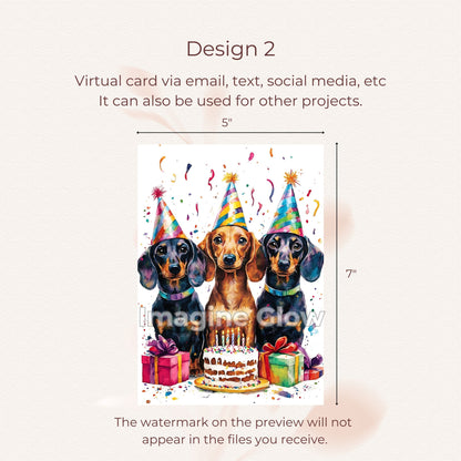 Printable greeting card featuring Dachshund dogs at a party