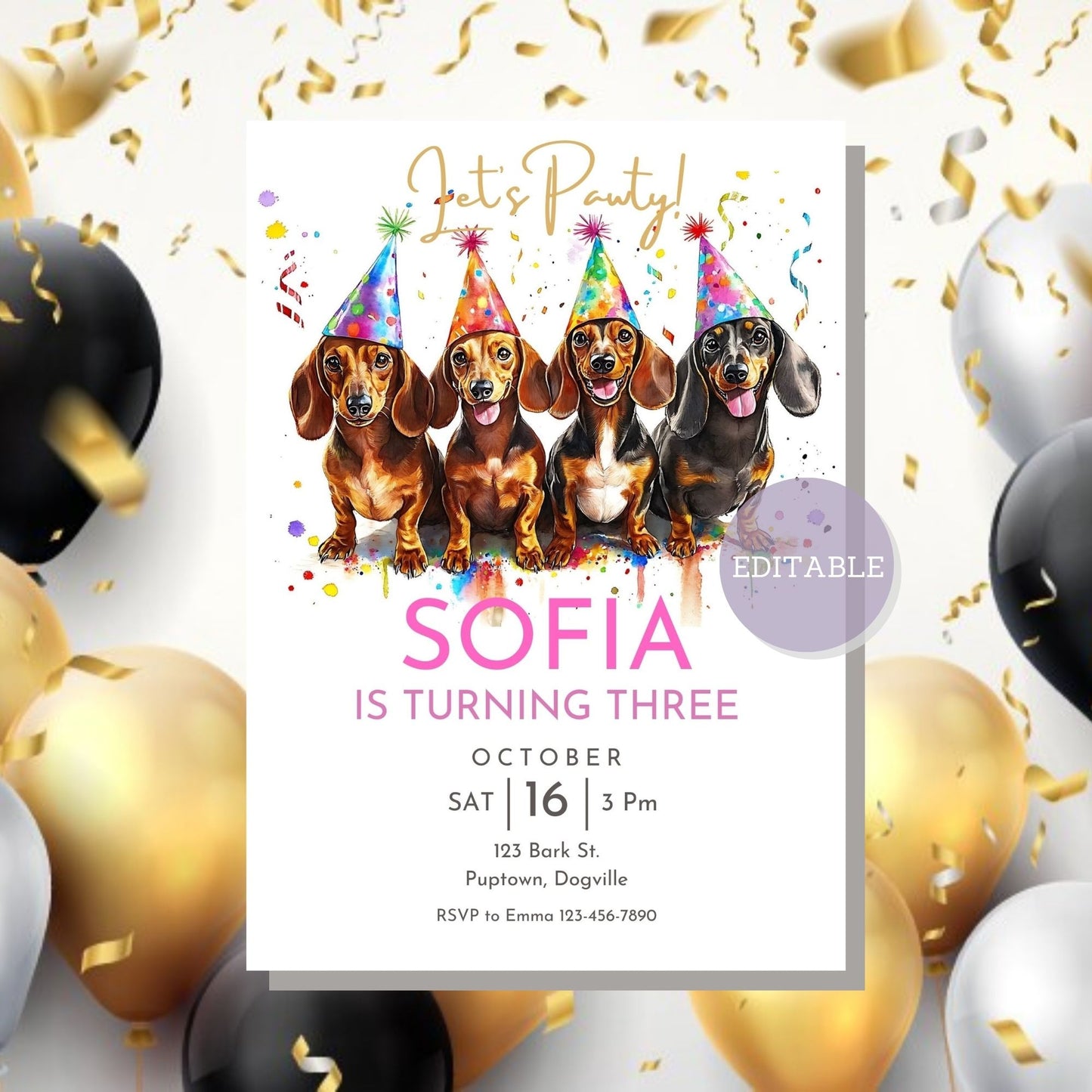 Printable Dachshund dog party invite, easy to customize
