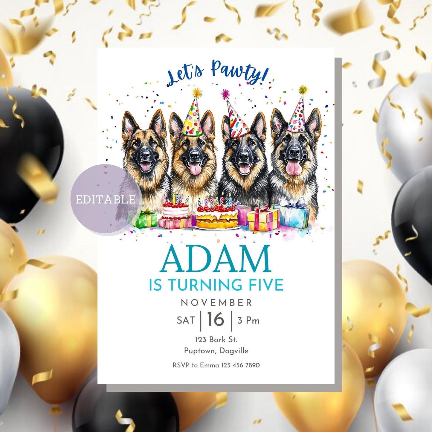 Personalized German Shepherd dog party invitation for birthdays.