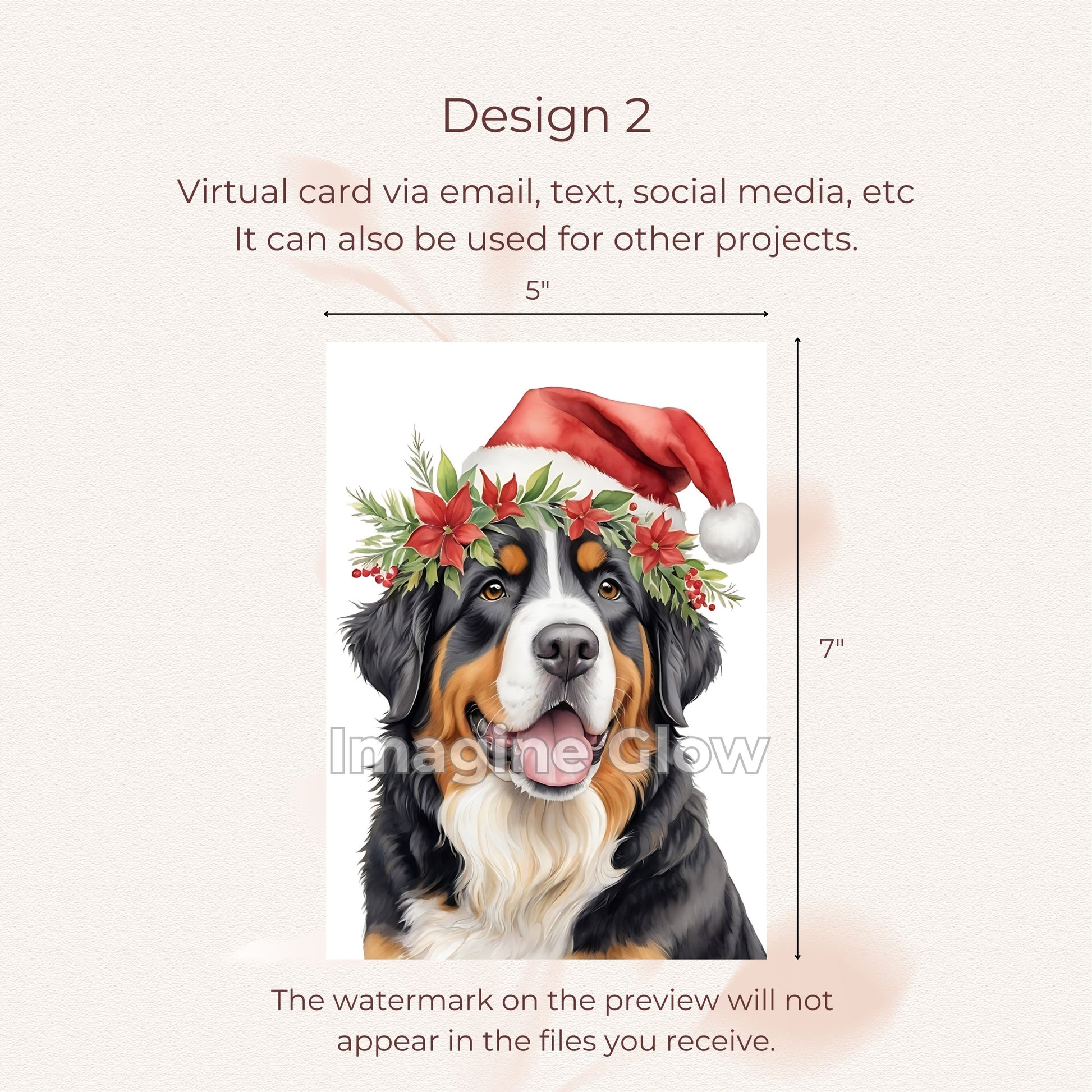 Dog-themed Christmas card with a Bernese Mountain Dog illustration, available as a printable.