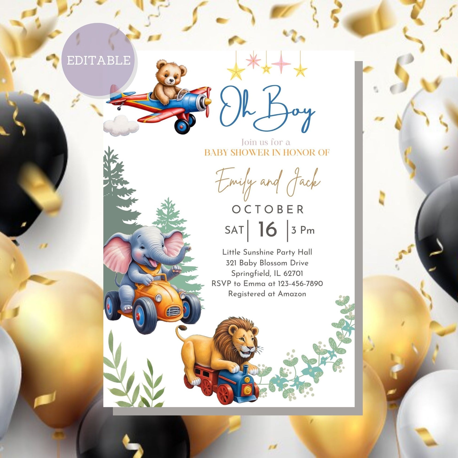 Cute and playful baby shower invitation design, available as a printable template for instant download. Customizable baby shower invitation template featuring playful designs, editable in Canva for personalized party invites.