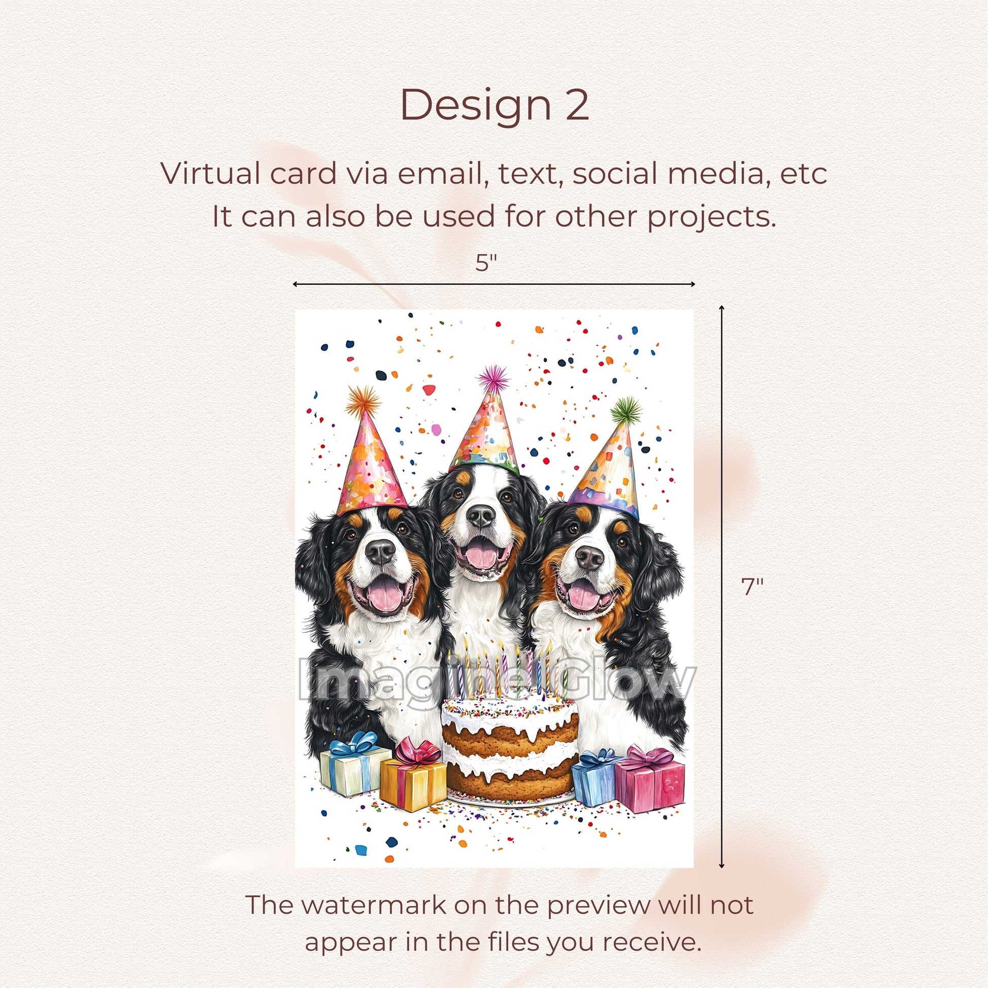 Bernese Mountain Dogs birthday card with a fun party theme, perfect for sending cheerful wishes