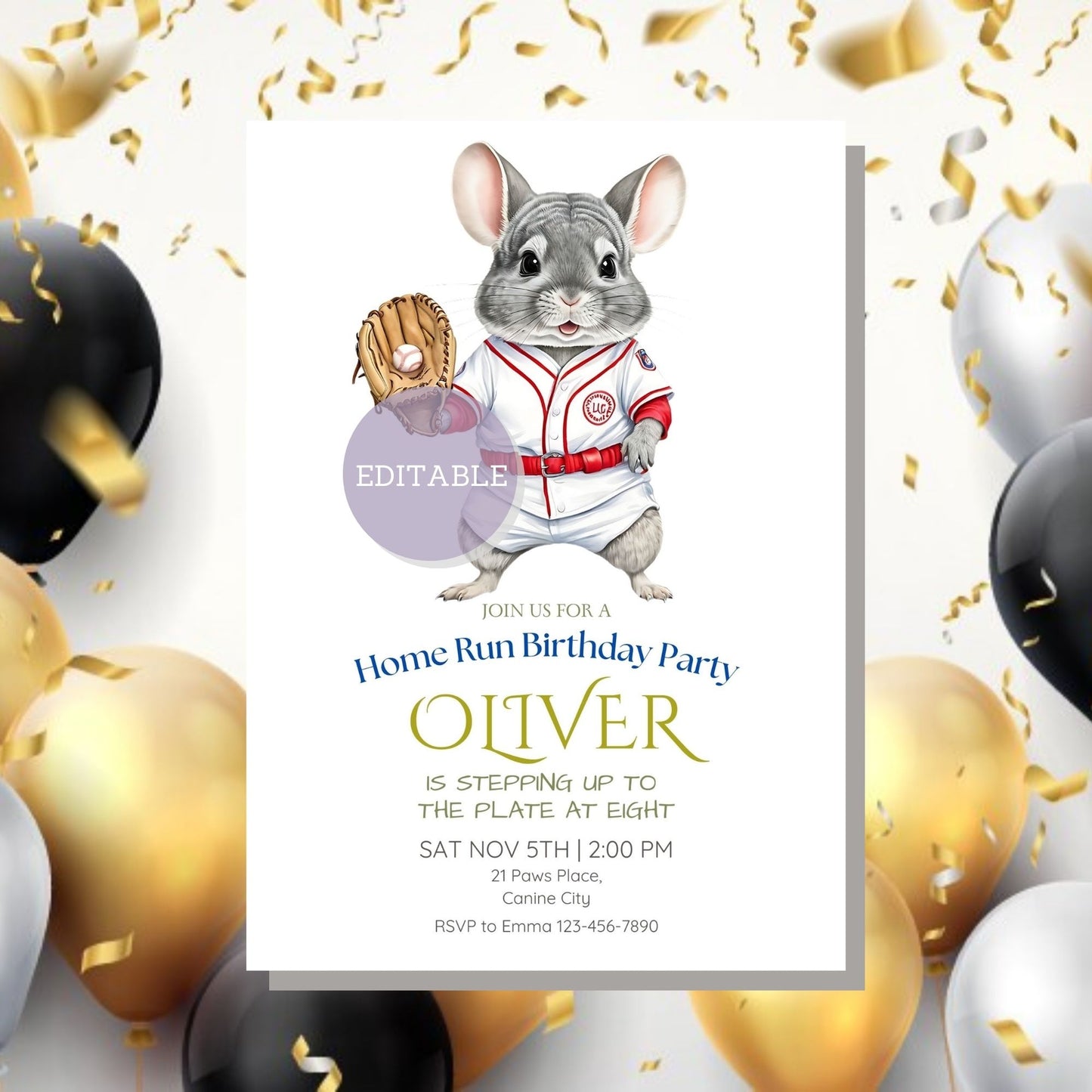 Customizable chinchilla birthday invitation with a sports theme, ideal for baseball-loving kids.