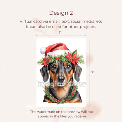 Festive card design showcasing a cheerful dachshund in holiday attire