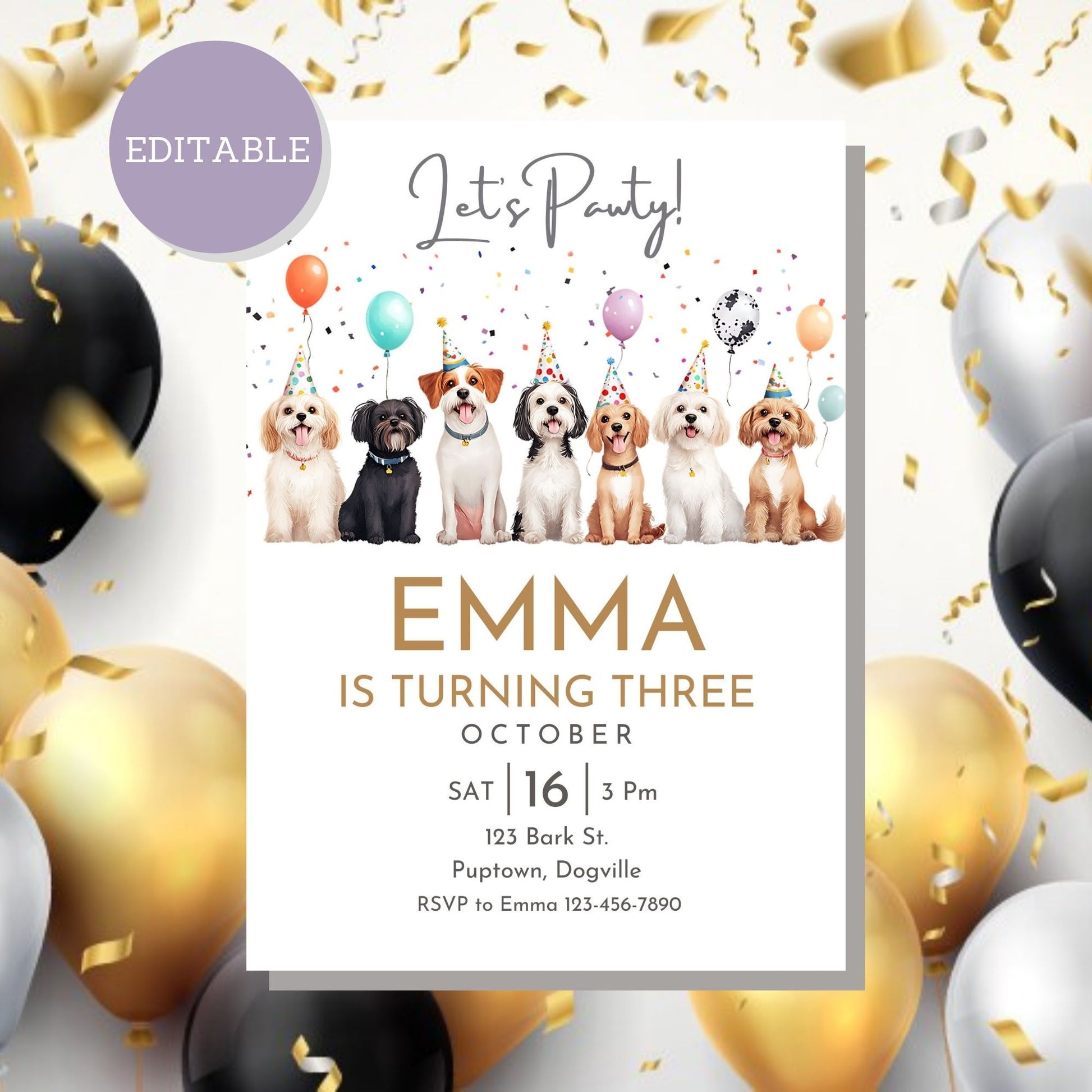 personalized dog-themed birthday invitation, editable in Canva