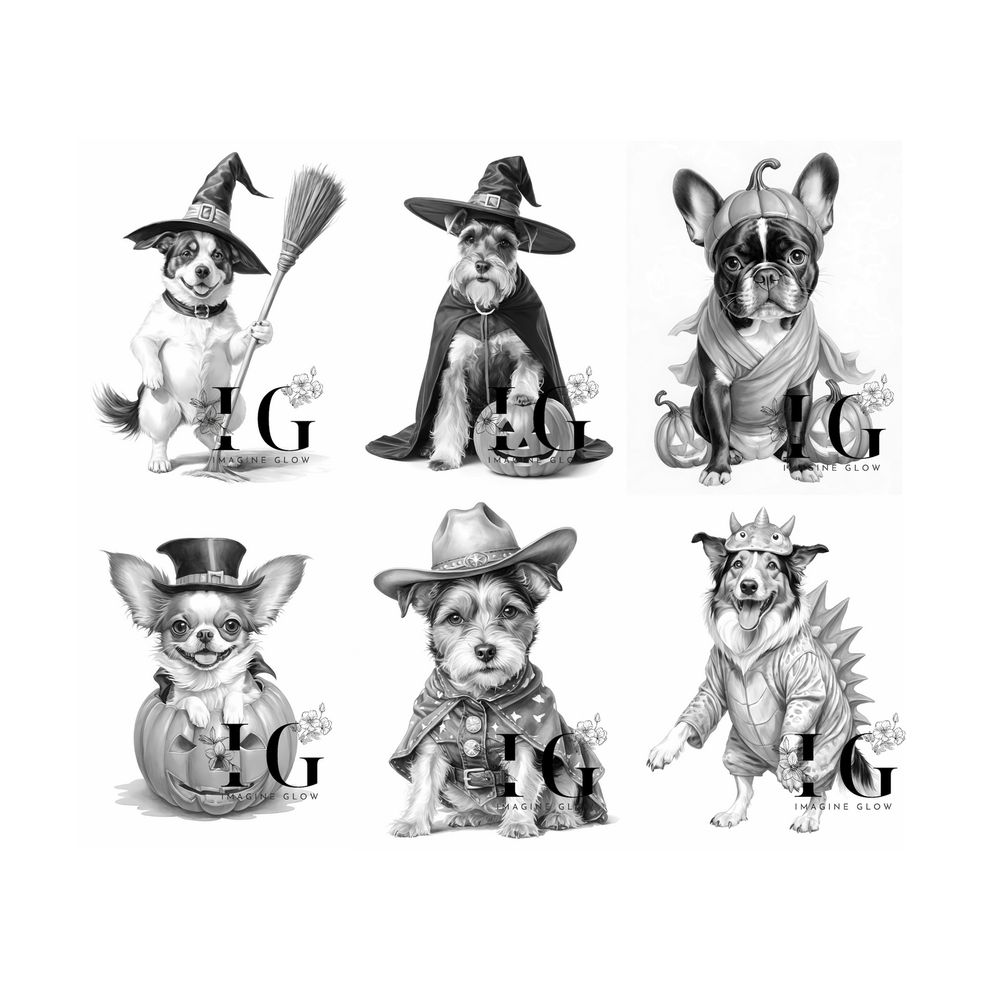 pooky and cute dog costume designs, perfect for Halloween coloring.