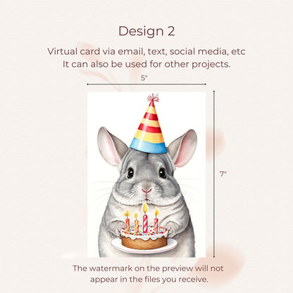 Printable birthday greeting card featuring a playful chinchilla illustration