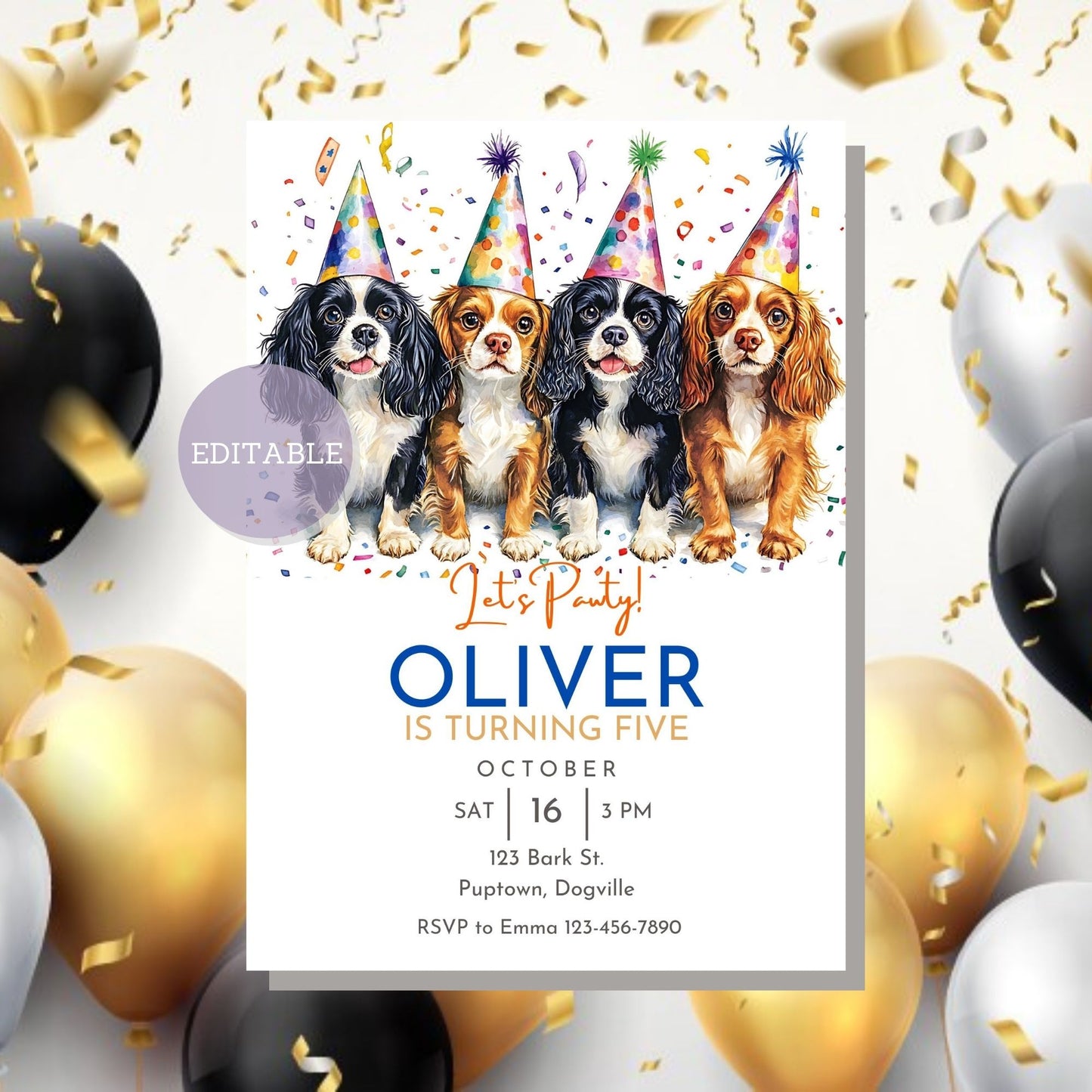 Editable Canva invitation featuring a Cavalier King Charles Spaniel, perfect for parties.