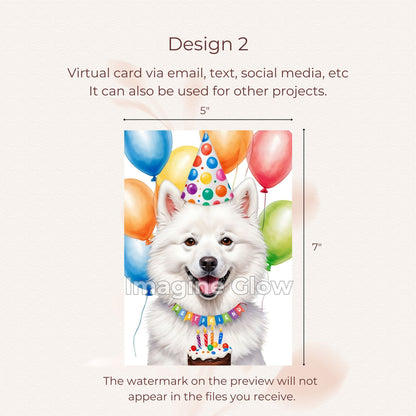 Printable pet birthday card featuring a charming American Eskimo dog.