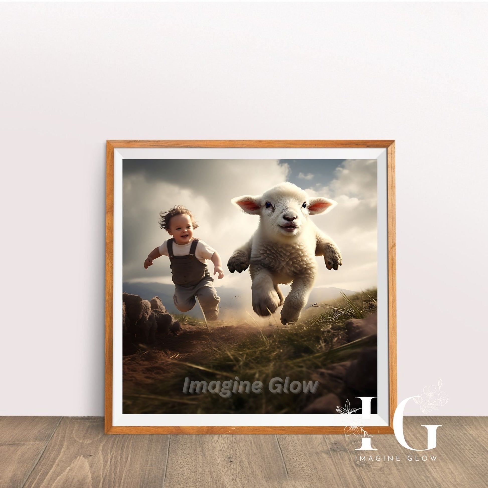 Playful lamb and boy art print for cheerful wall decor