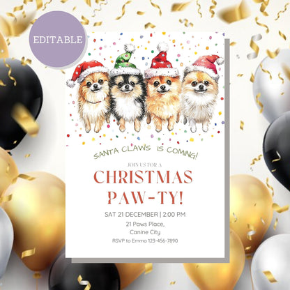 Editable Christmas party invite featuring a Pomeranian, available on Canva