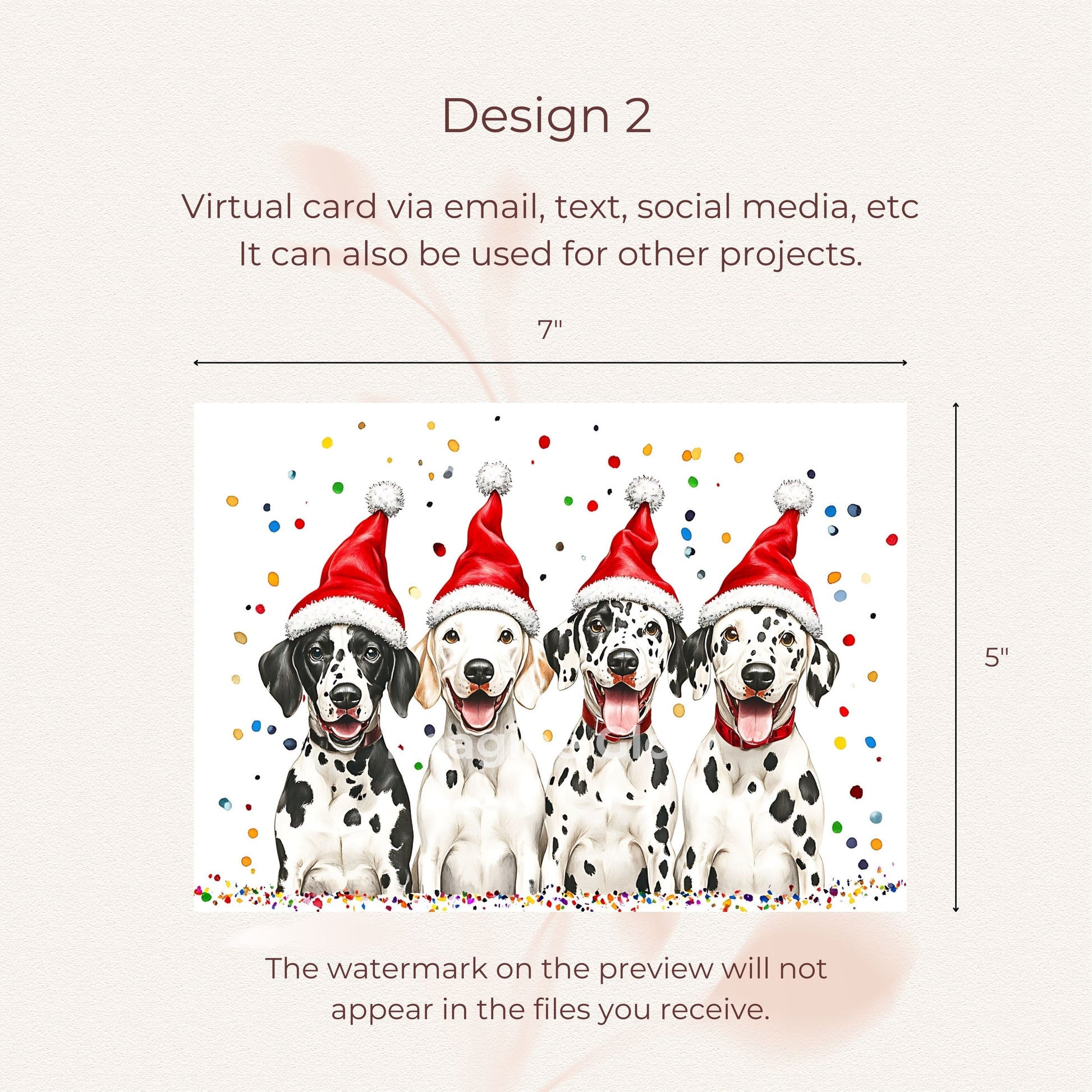 Cheerful holiday party card showcasing lovable Dalmatian dogs