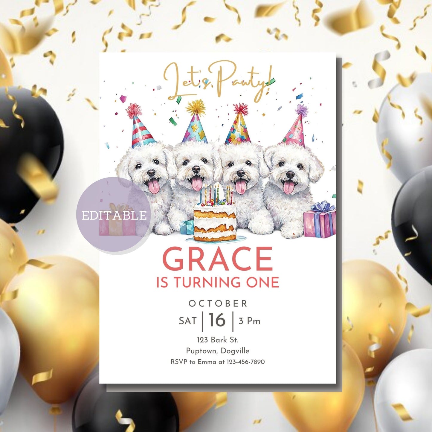 Digital Bichon Frise birthday invitation template for dog parties.