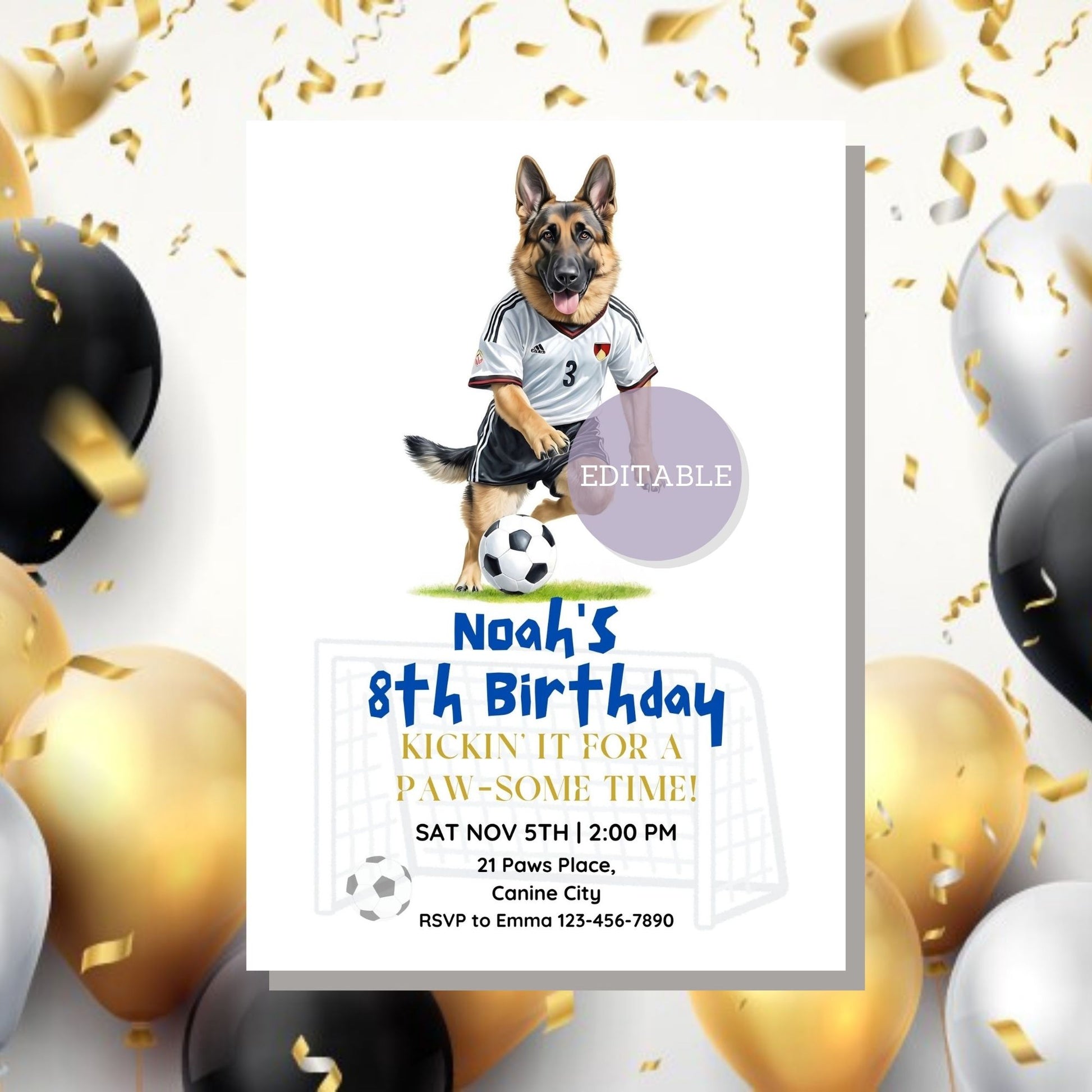 Fun kid's birthday invitation with a German Shepherd in football theme