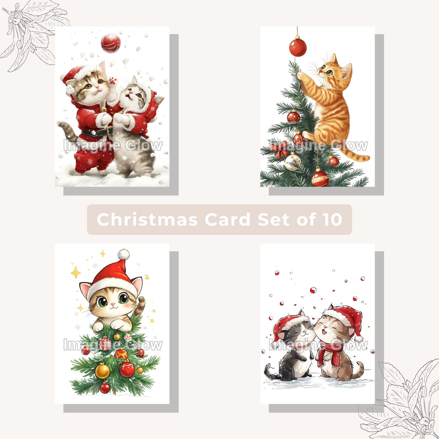 Printable Cat Christmas Card Set B featuring 10 unique pet holiday cards.