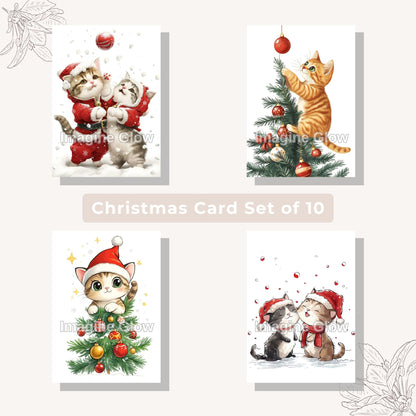 Printable Cat Christmas Card Set B featuring 10 unique pet holiday cards.