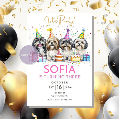 Printable dog-themed birthday invitation featuring Shih Tzu designs, customizable in Canva.