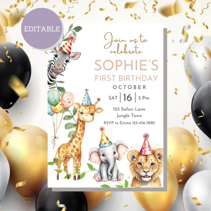 Cute 1st birthday invitation featuring jungle animals, ideal for celebrating your child’s special day