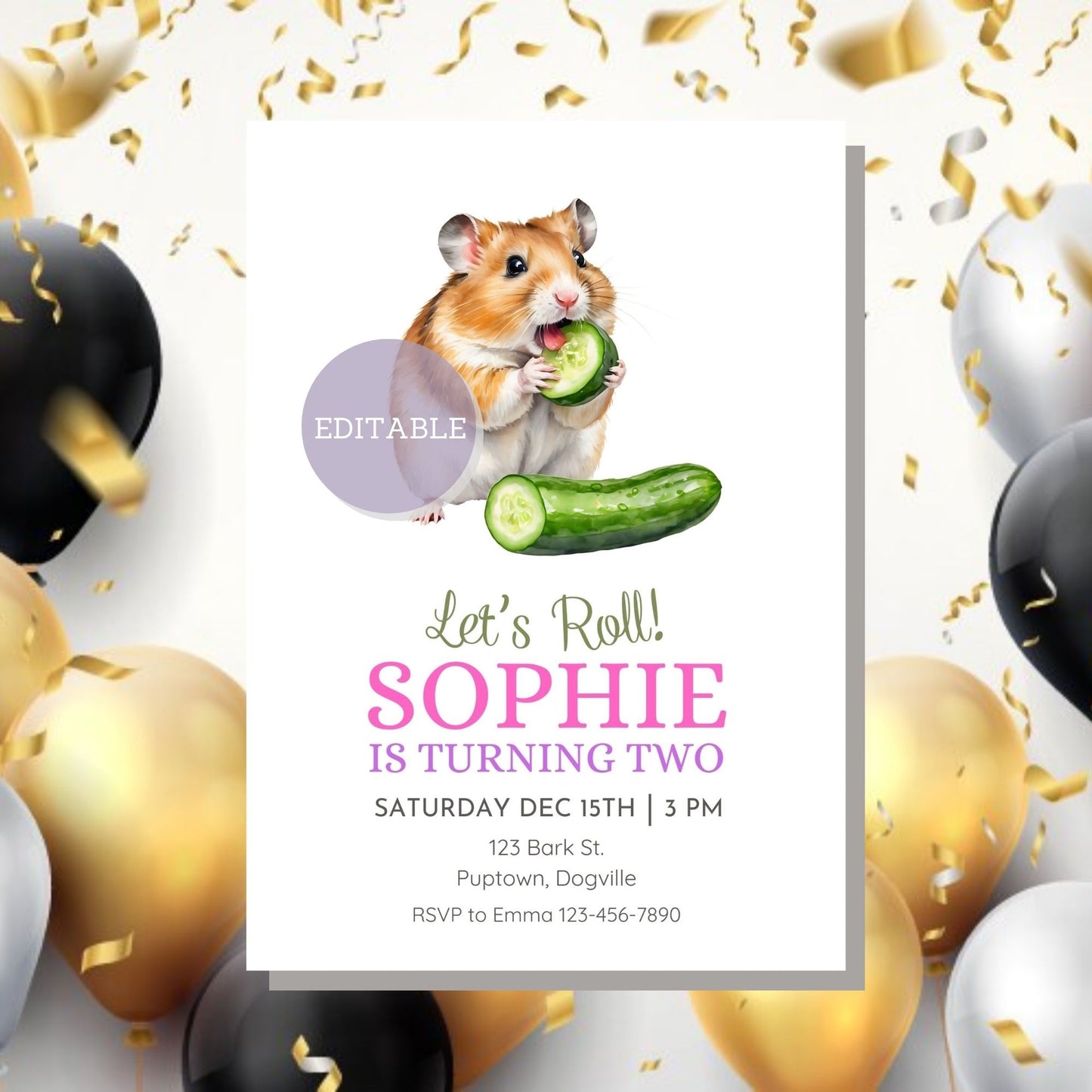 editable Hamster Birthday Invitation with Cucumber - Printable and Customizable Template