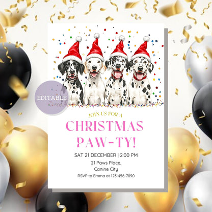 Editable holiday invitation featuring a Dalmatian in festive decor.