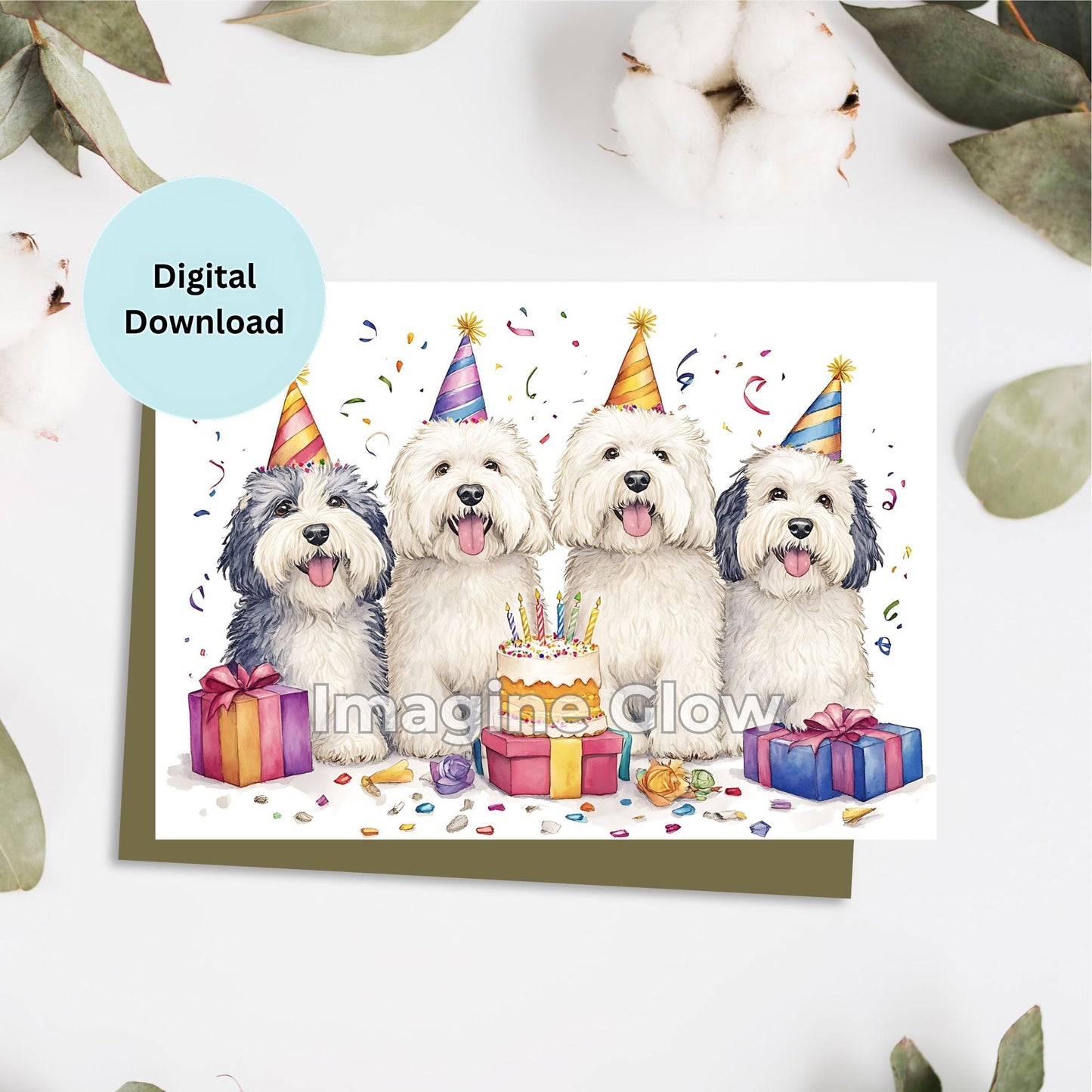 Old English Sheepdog birthday card with a party theme for celebrations.