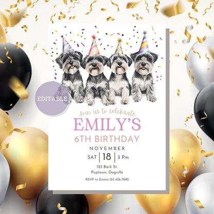 Birthday invitation featuring a Miniature Schnauzer, customizable for personal events.