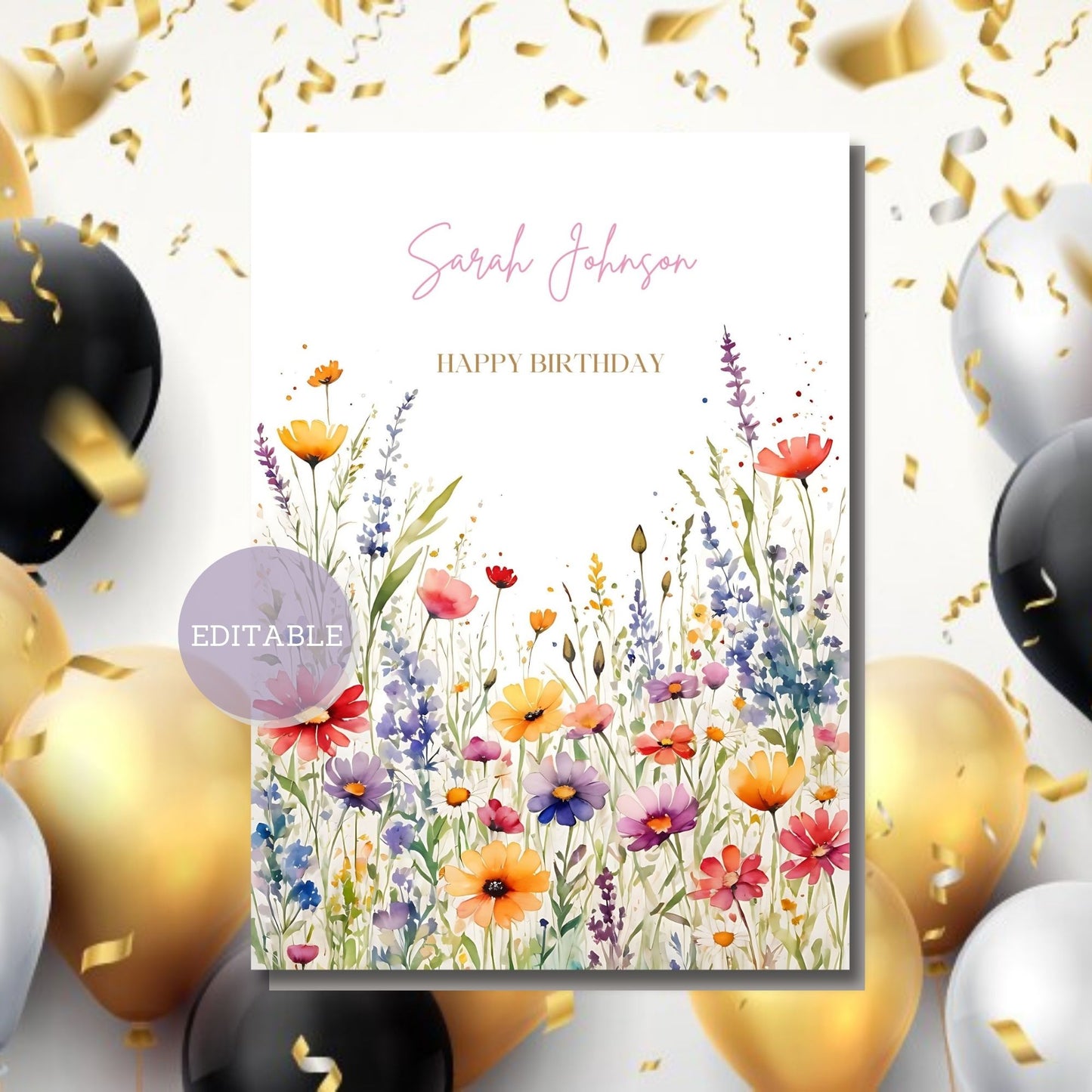 Digital download wildflower greeting card template.