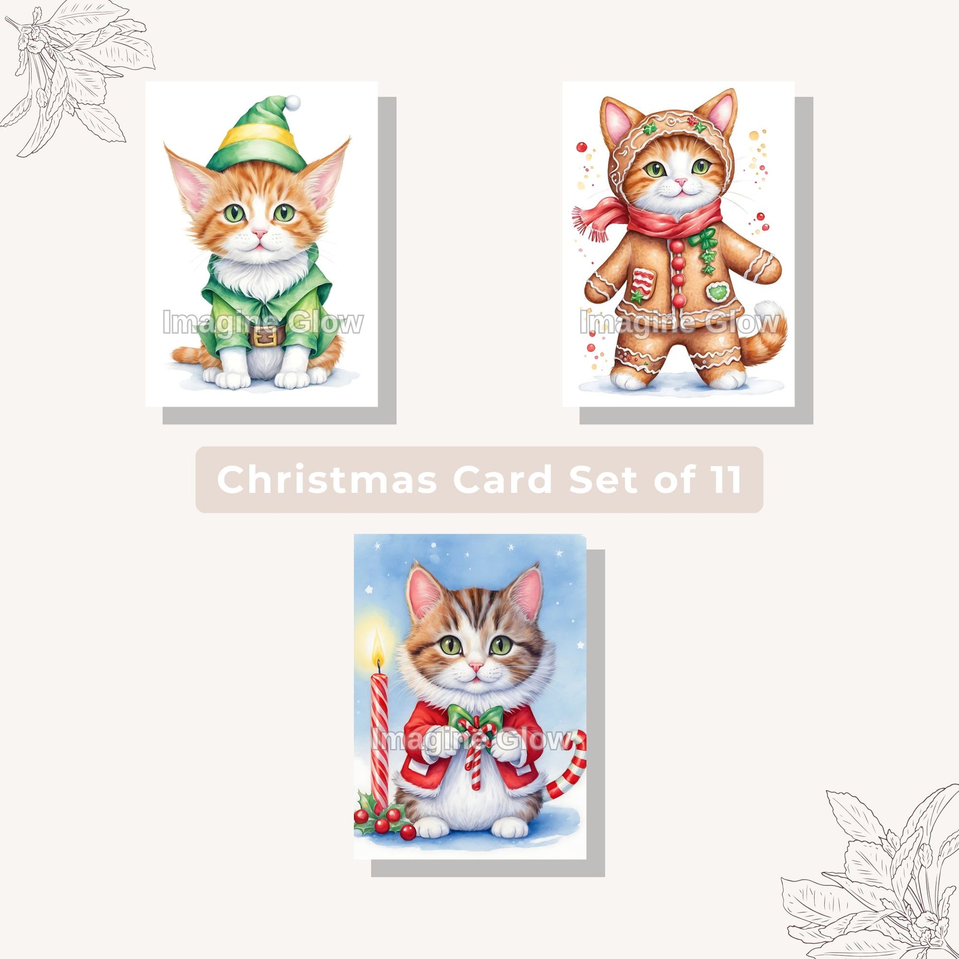 Holiday card set with cats in adorable costume C, perfect for Christmas.