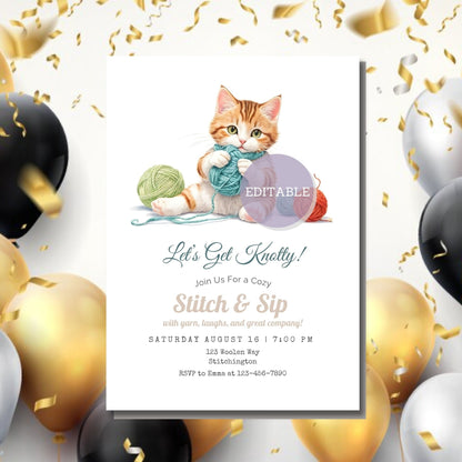 Customizable Yarn-themed Birthday Invitation featuring a playful kitten.