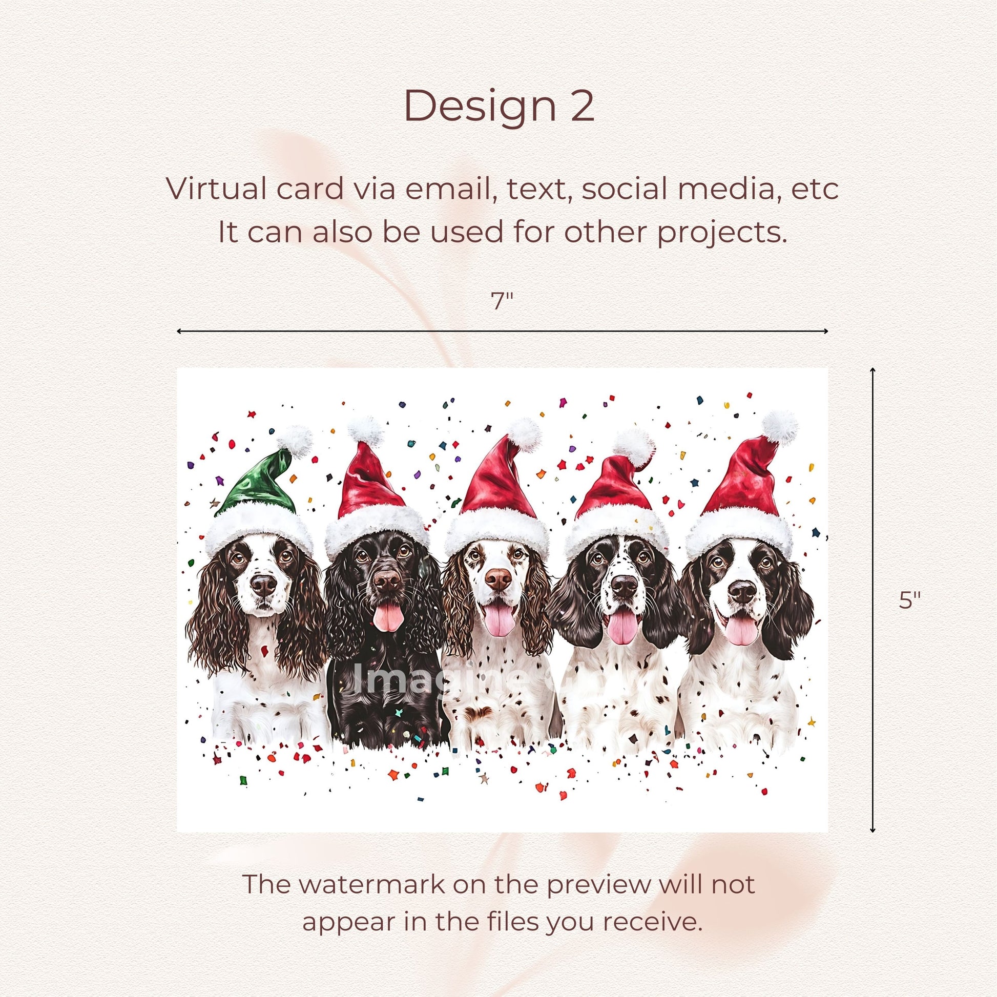 Joyful holiday party card showcasing English Springer Spaniel dogs in a festive setting