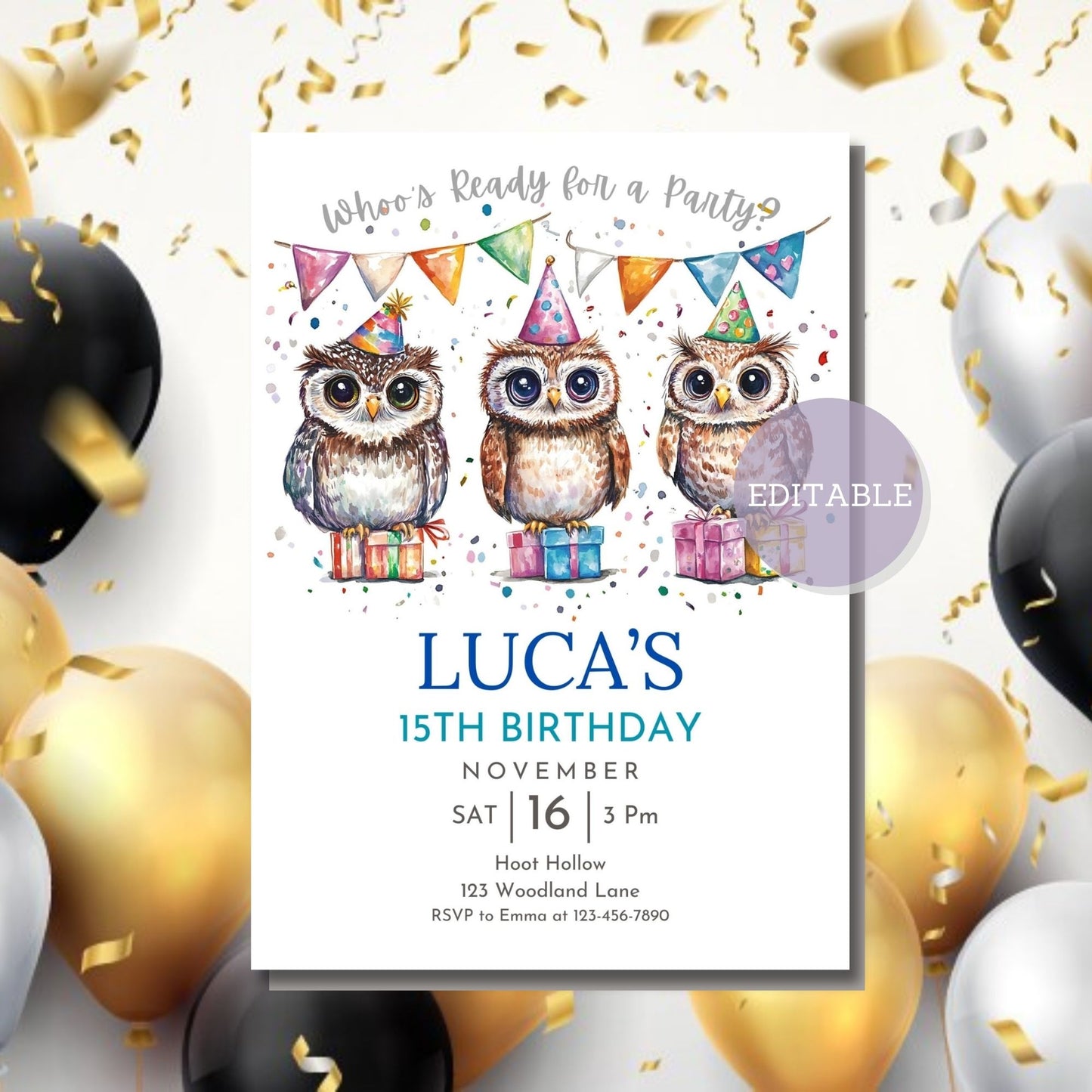 Printable owl-themed birthday invitation, perfect for kids.