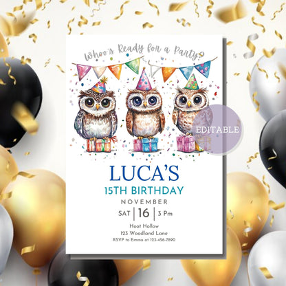 Printable owl-themed birthday invitation, perfect for kids.