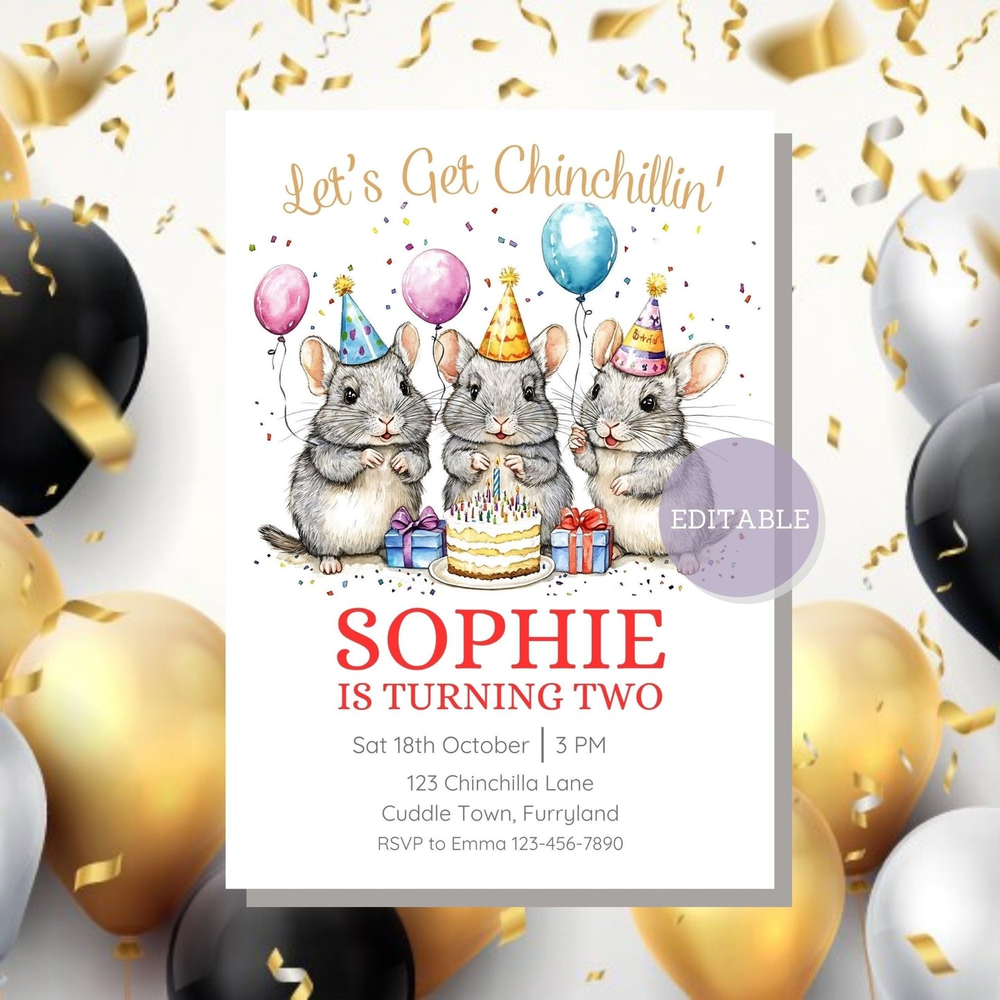 Digital download invitation featuring cute chinchillas, easy to personalize.
Printable birthday invitation template with chinchilla graphics, editable and ready for your celebration.