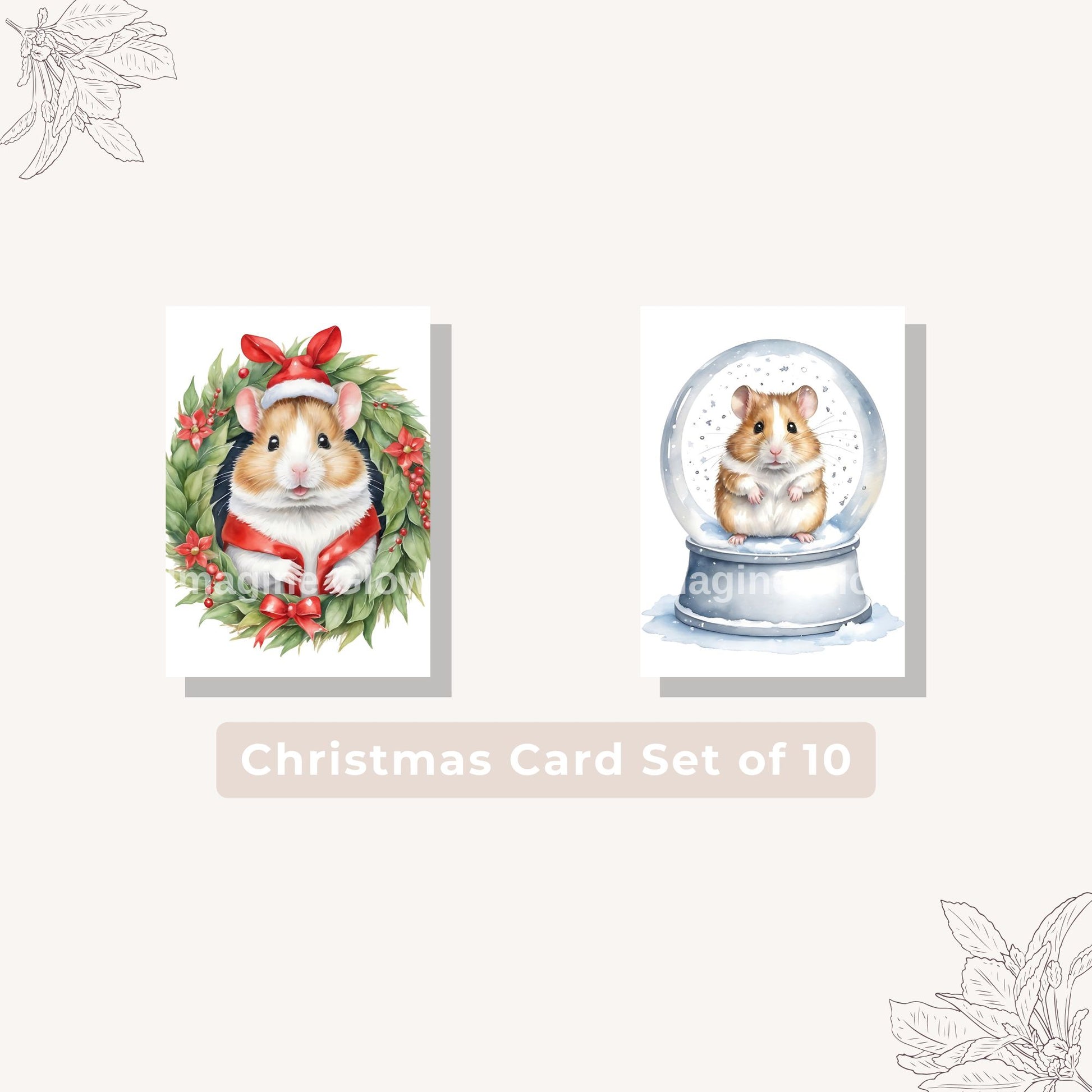 Hamster-themed Christmas cards set, available as a digital download for pet lovers.
