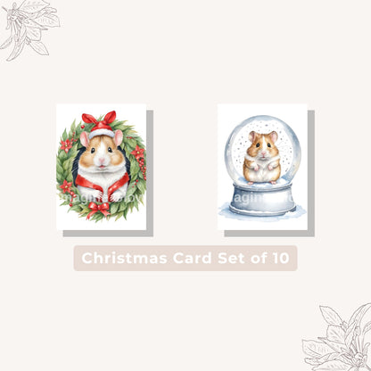 Hamster-themed Christmas cards set, available as a digital download for pet lovers.
